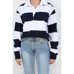Brandy Melville Navy Blue White Striped Long Sleeve Polo Shirt Cropped